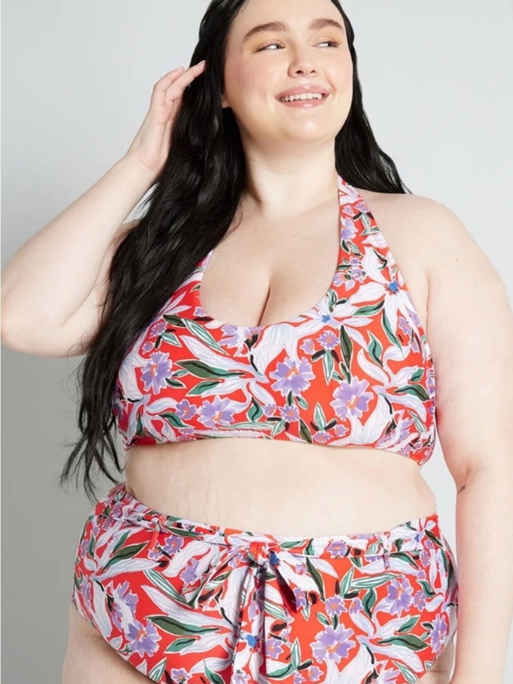 ModCloth Red Floral Allison Halter Bikini Top